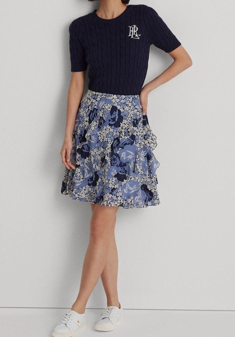 Lauren Ralph Lauren Floral Ruffle-Trim Georgette Skirt Blue 12